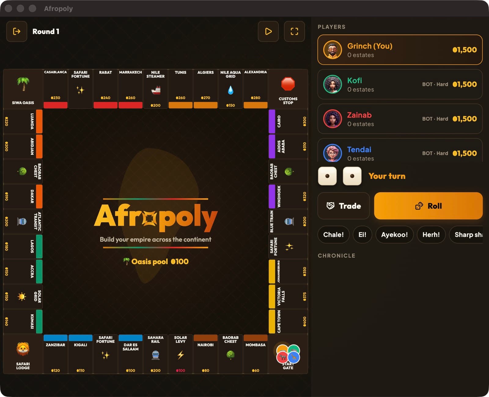 Afropoly's board at the start of a match in the macOS build: African cities set around a square circuit with their rents priced in cowries, four players seated with 1,500 each, and the dice waiting on the player's turn.