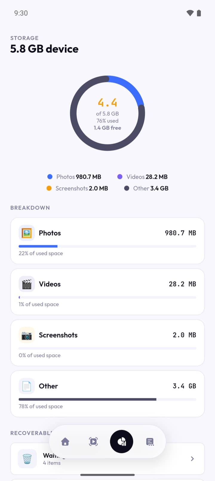 The storage breakdown: 4.4 of 5.8 GB used on a ring, 1.4 GB free, then photos, videos, screenshots and other listed with their sizes and share of used space.