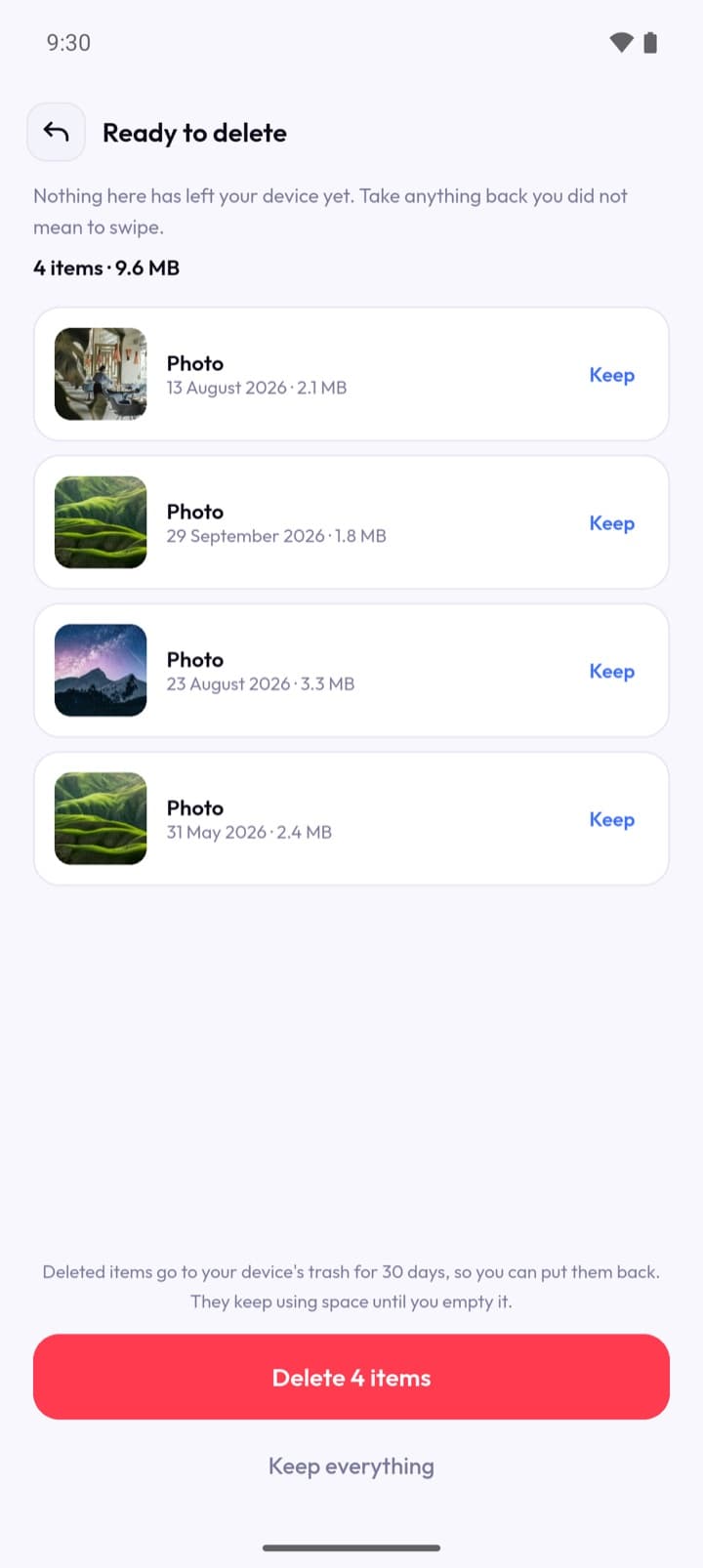 The review queue, headed “Ready to delete”: four photos with their dates and sizes, each with its own Keep, and a note that nothing has left the device yet.